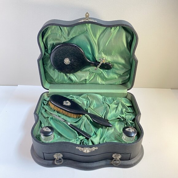 Antique Victorian Era Vanity Ebony and Silver Dresser In Leather Box - Picture 7 of 16